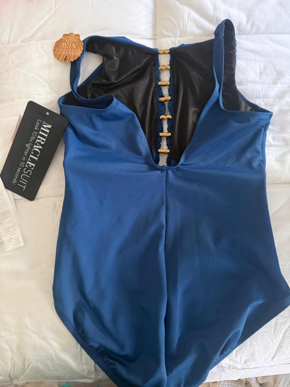 Miraclesuit Deep Blue Ruched One-Piece Swimsuit with Gold Accents - Picture 2 of 3